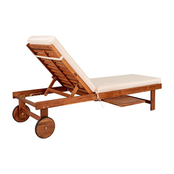 Seabrook Outdoor Acacia Wood Lounger with Cushion, 5-Position Back, Slide Table & Wheels - JONATHAN Y
